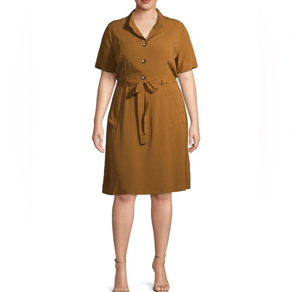 Monteau Women's Brown Rayon Shirt Dress with Tie Waist and pockets Size L - Picture 5 of 16